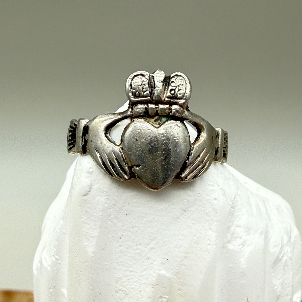 Vintage Sterling Silver Claddagh Ring TOR Hallmark Irish Crowned Heart Size 6.5